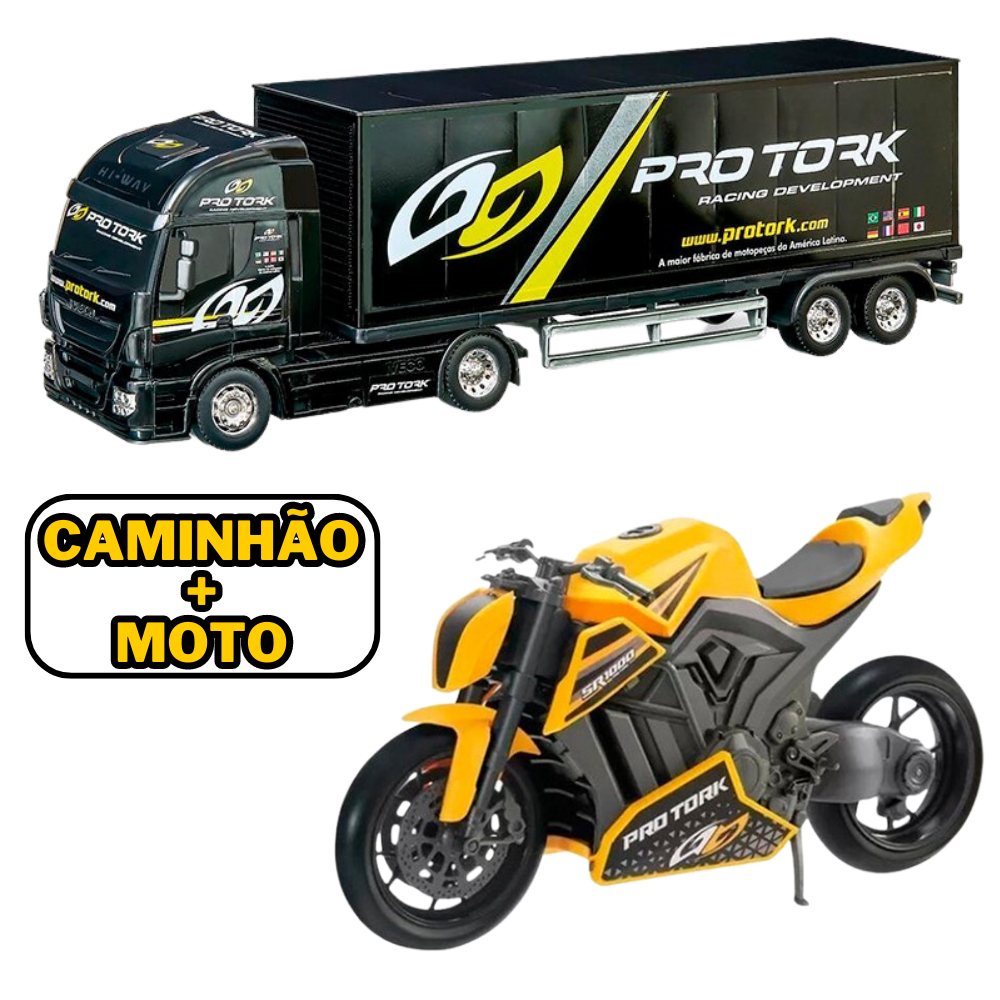 Kit Caminhão Iveco Baú Pro Tork Carreta + Moto de Corrida Pro Tork