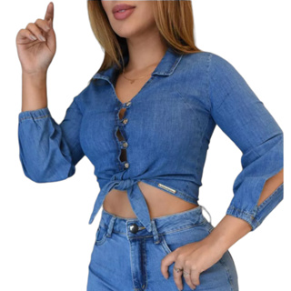 Cropped Jeans de Alça P ao GG com Botões Blusa com Decote