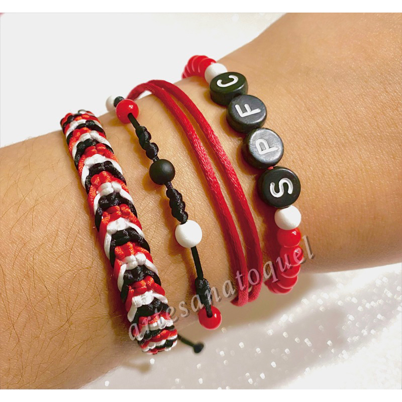 Pulseira Time Torcedor Tricolor São Paulo SPFC Jogador Futebol Torcida Preto Vermelho Branco Independente Adulto Infantil Regulável Fio Cetim Seda Bracelete Sete nós 7 Cabala Mix de 4 ou unidade Miçangas Letras Nome