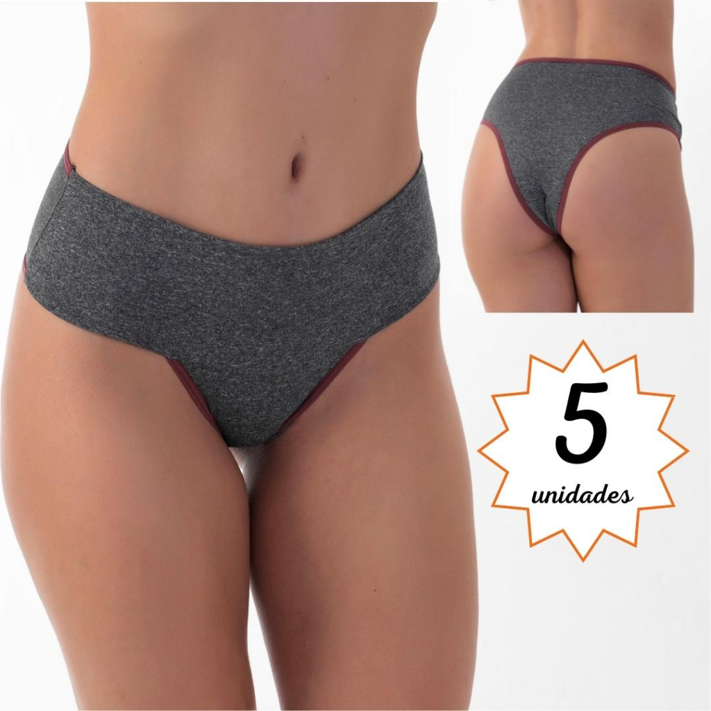 Kit 5 Calcinha Modeladora Cós Alto Duplo Reforçada Fitness