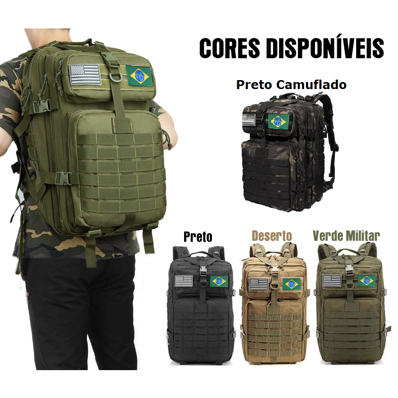 Mochila Esportiva Tática Militar 50l 1000d Com 2 Patchs Bandeiras EUA e do Brasil