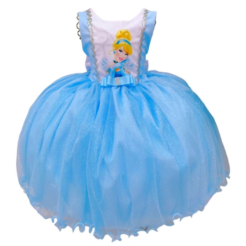 Vestido Infantil Cinderela Azul Brilho Festas Princesa