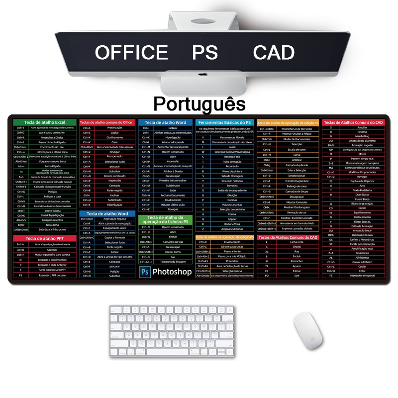 Mouse pad de atalho de teclado em português 90*40CM Mouse Pads Para trabalhos informáticos e jogos Non slip rubber table mat