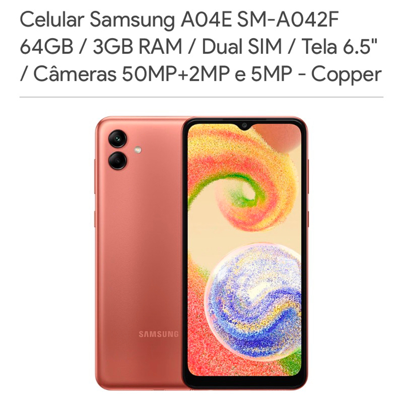 Smartphone Samsung Galaxy A04e 4G 64GB 6.5 Cobre Câm. Dupla + Selfie 5MP