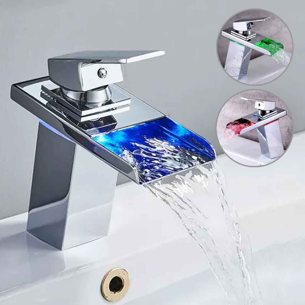 Torneira Pia De Banheiro LED Cascata Para Quente E Frio Misturadora Moncomando 8801 Luuk Young