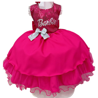 Vestido Infantil Barbie Busto Paetê Pink e Broche de Lacinho