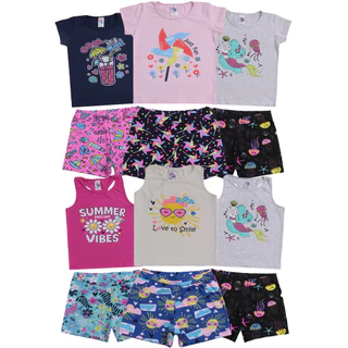 Lote 12 peças de roupas para Menina infantil Conjunto 6 blusa + 6 shorts de Verão
