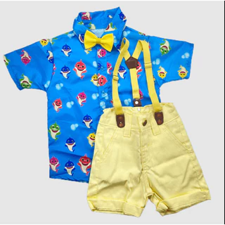Roupa BABY SHARK infantil festa menino conjunto Camisa Gravata Bermuda e Suspensório