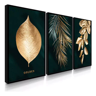 Quadros Decorativos com Moldura Flores Douradas Sala Escritório Grande