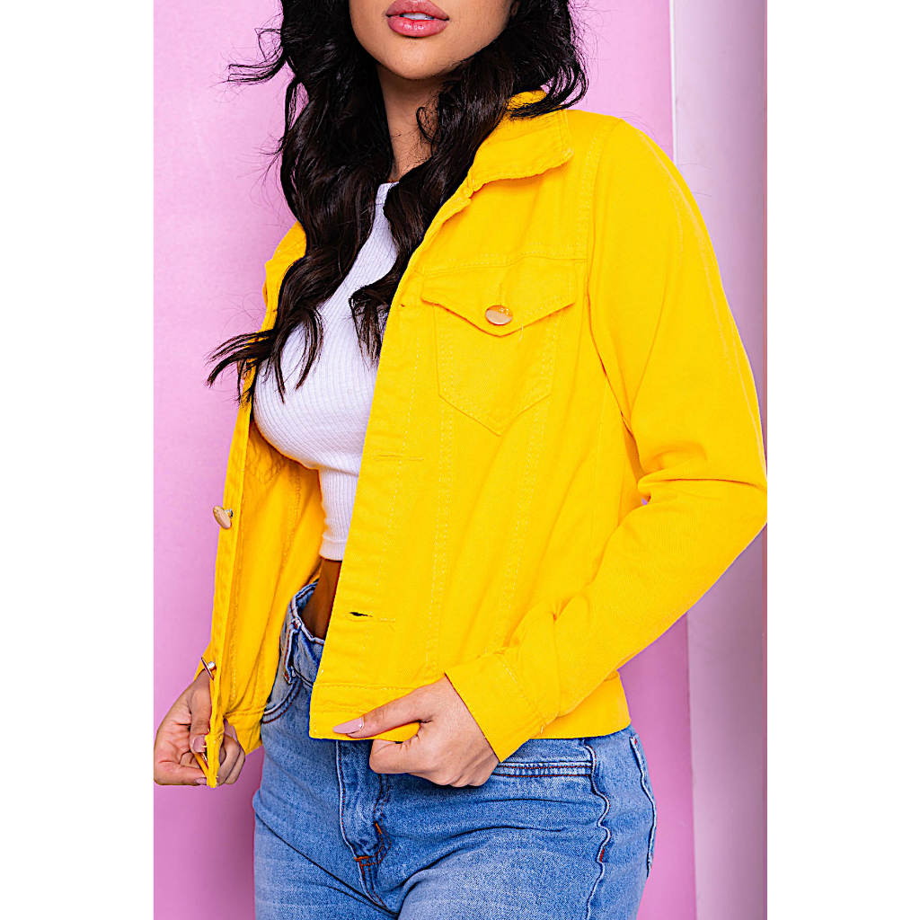Casaco Jaqueta Amarela Jeans Jaqueta Feminina Jeans Amarelo Brim