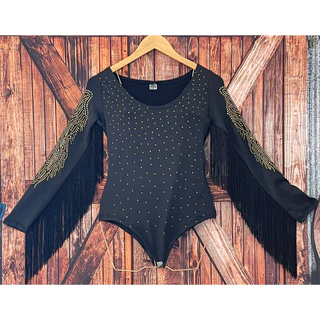 Body Feminino Franja Preto Strass Dourado Gold Asas Douradas Brilho Pedraria Country Luxo Rodeio Lançamento