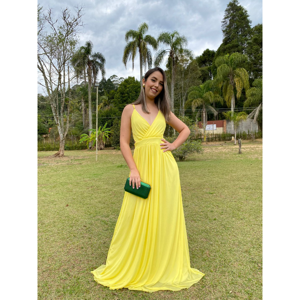 Vestido amarelo de store renda longo madrinha