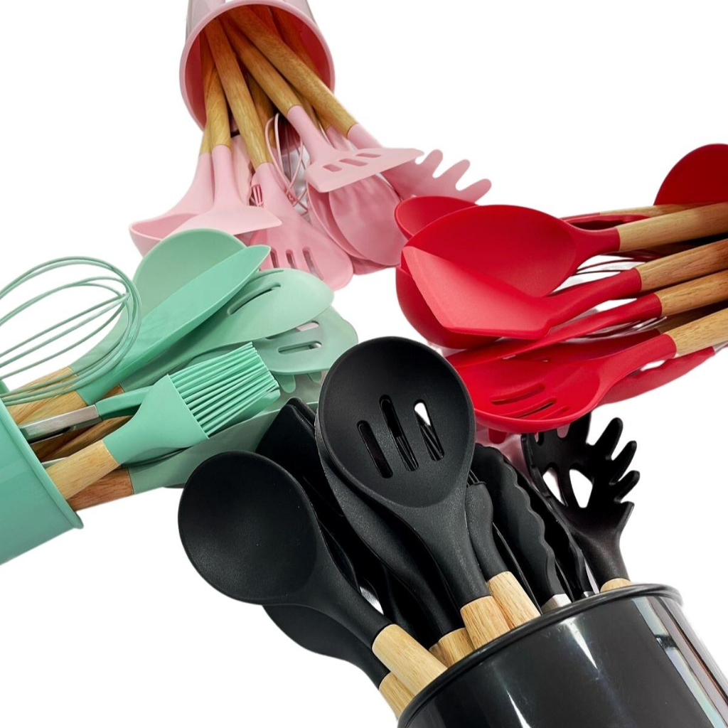 Kit Colheres Silicone Utensílios Cozinha Cabo Madeira