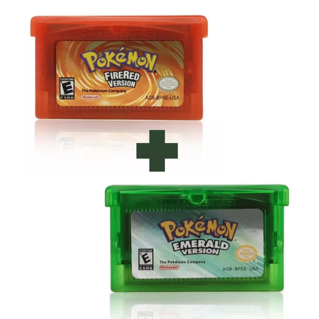 Kit com 2 Fitas Pokémon Emerald + Fire Red Cartuchos + Capinhas Jogos para Game Boy Advance Gba Nds