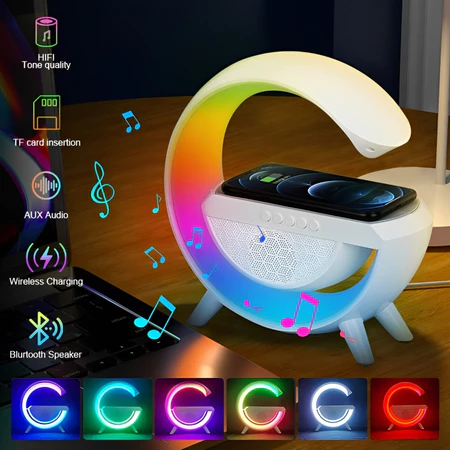 Caixa De Som Led Luminária Bluetooth Alto Falante Carregador Sem Fio Lâmpada Mesa RGB Alarme Relógio