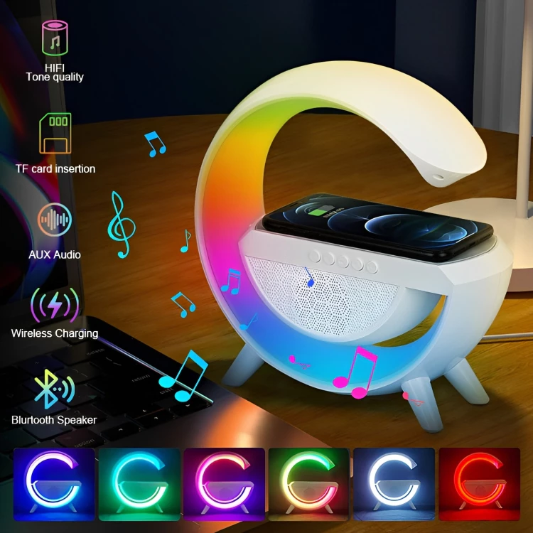 Caixa De Som Led Luminária Bluetooth Alto Falante Carregador Sem Fio Lâmpada Mesa RGB Alarme Relógio