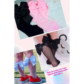 Meia Arrastão 3/4 Infantil Com Laço Moda Blogueira Mini Diva