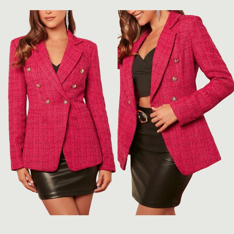 POKIHA-Blazer de Tweed xadrez para mulheres, jaqueta texturizada recortada,  blazer de peito duplo, manga longa, blazers de botão