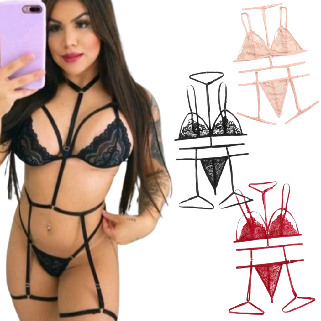 Conjunto De Renda Moda Gringa Com Cinta Liga Corpo Inteiro Lingerie Sexy Atacado Shopee Brasil 3870