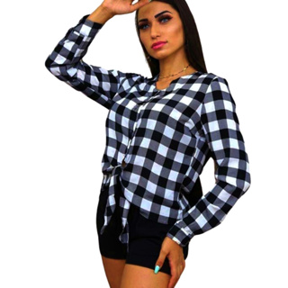 Camisa Country Xadrez Manga Comprida Elástico no Pulso e Laço Frontal