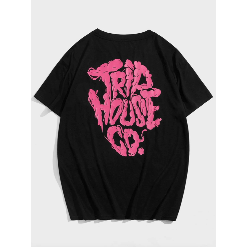 Camiseta Trip House Co. Estampa Grafica Frente Costas Frase Casa de Viagem Life Style Oversized Manga Curta Ombro Caido Unissex