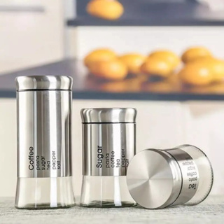 Conjunto de Vidro Porta Mantimentos com 3 Potes em Inox e Vidro Sal Cafe Cha Açucar
