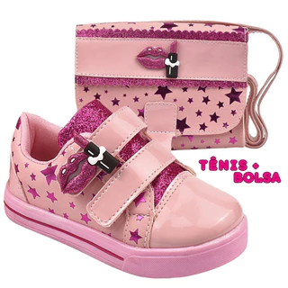 Kit Tênis Estrelas com Bolsa Rosa Infantil Feminino Escolar Kidstep