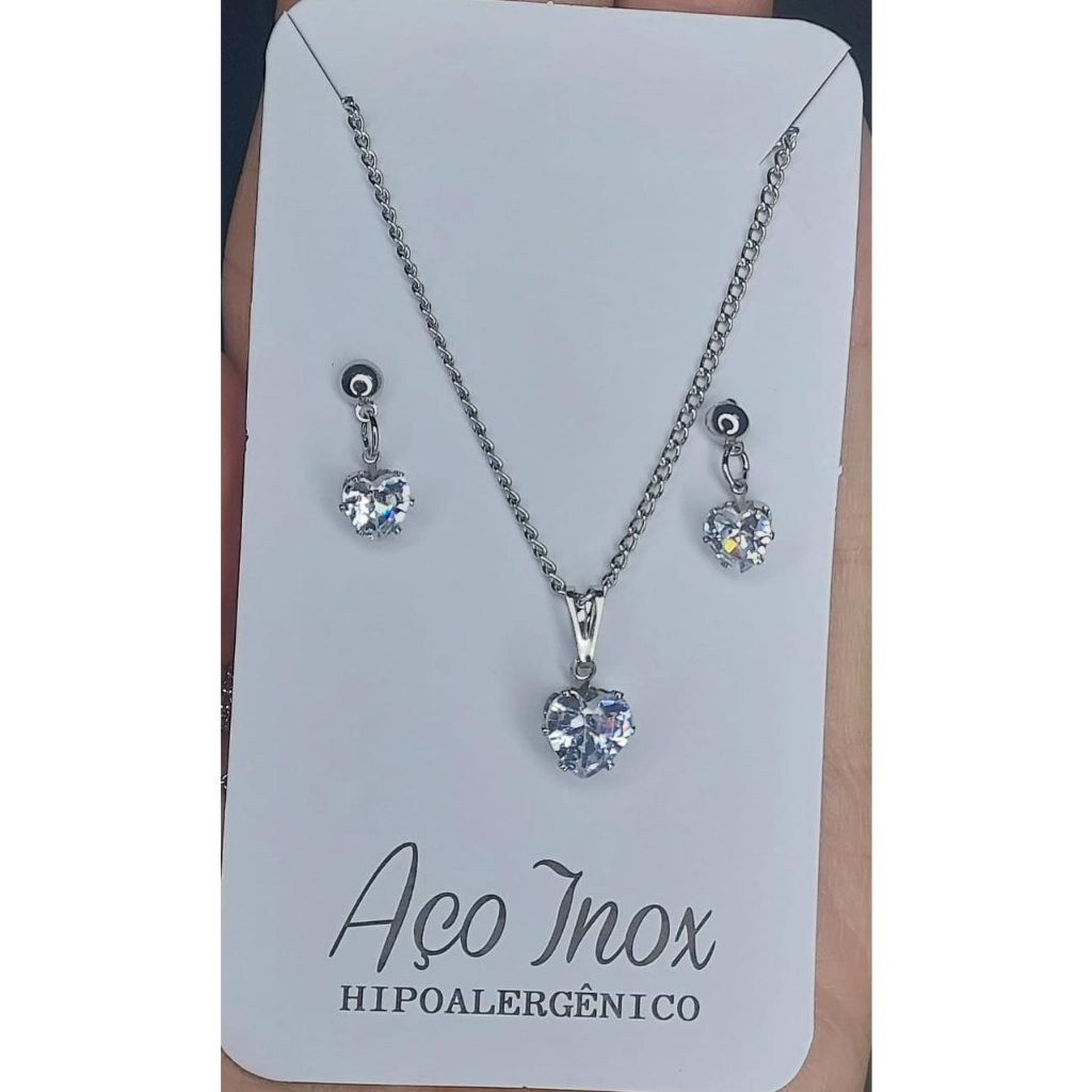 Conjunto de Colar e Brinco Feminino cor Prata Aço Inoxidável Anti Alérgico com Pingente De Coração. Envio Imediato