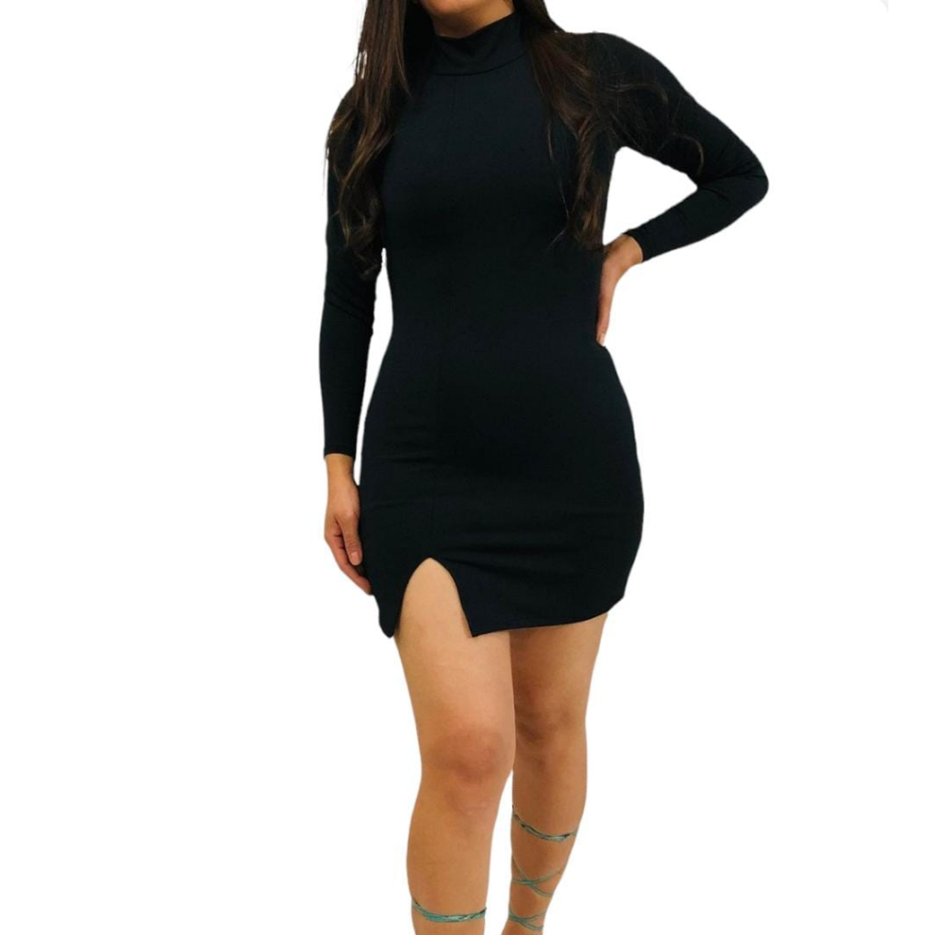 Vestido Curto Mini Justo Colado Tubinho Manga Longa Fenda | Shopee Brasil