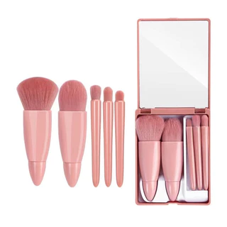 Mini Espelho De Maquiagem Portátil Com 5 Pcs Pincéis De Maquiagem Lupa Mão Segurar Bolso Dobrável Maquiagem