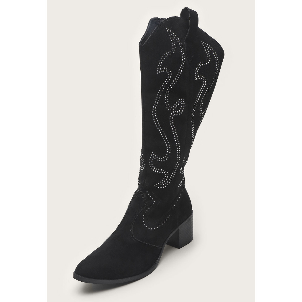 Bota Feminina Western Cano Longo Preto Brilho Dhaffy