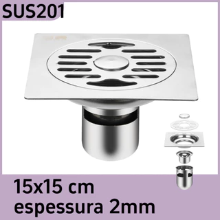 Ralo Inox Grelha Quadrado 15x15cm 2MM Espessura Anti Inseto Anti Odores Com Filtro Para Banheiro Aço SUS201