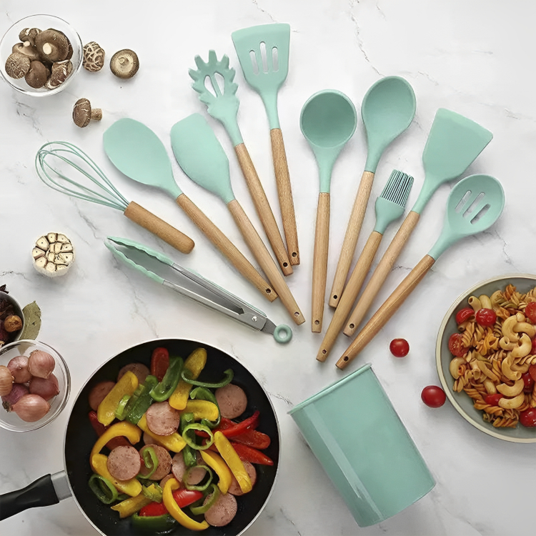 Kit 12 Peças Utensílios de Cozinha Colher Espátula Em Silicone e Bambu