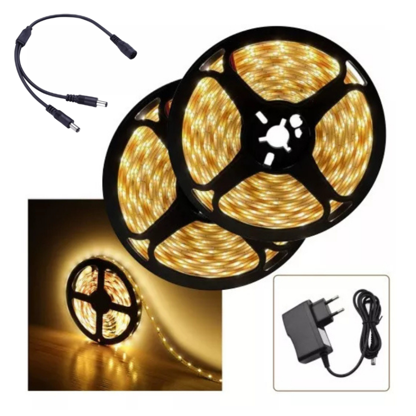 10 Metros Fita Led 3528 Branco Quente IP20 + Cabo Y + Fonte