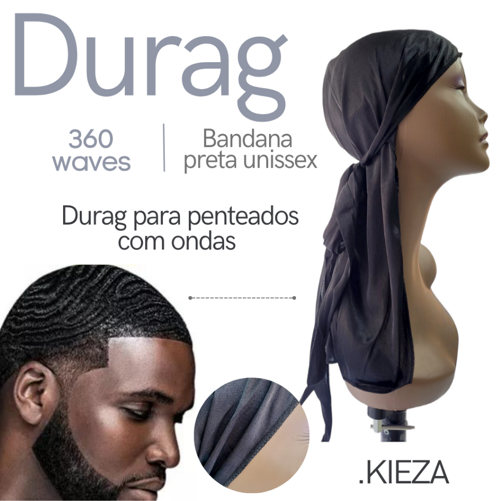 Bandana Durag Preta / Touca Dureg Waves 360 Tecido Especial