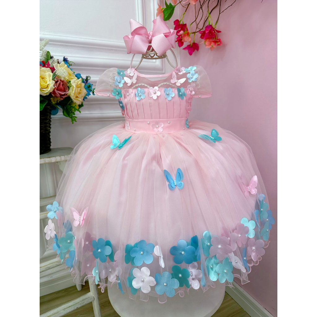 Vestido infantil Princesa Jardim Encantado Rosa c/ borboleta