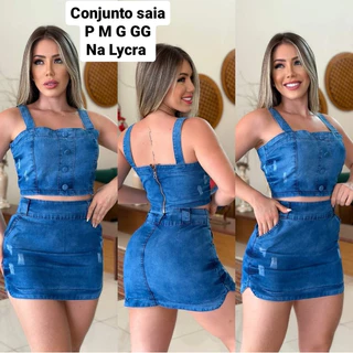 CONJUNTO JEANS COM LYCRA - SAIA E CROPPED MODA BLOGUEIRA