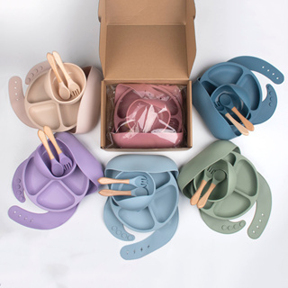 Talheres bebê silicone 8 Peças kit Talheres Infantil Com Ventosa Canudo Colher Babador Garfo