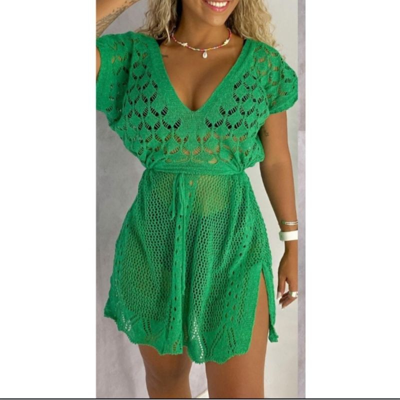 Saída de Praia Piscina Vestido Curto Mini Rendado Gola V Tricô Tricot Moda Verão