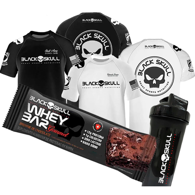 Kit 2 Camiseta Black Skull Original E Coqueteleira + Barrinha de Proteína Caveira Dry Fit Camisa Academia