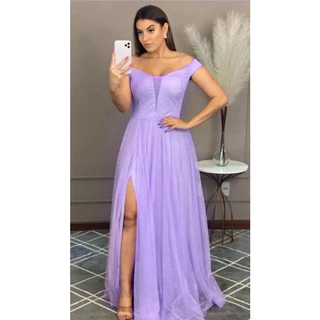 Vestido longo lilas lavanda ombro a ombro brilho casamento madrinha formatura festa p ao plus size Isabelly