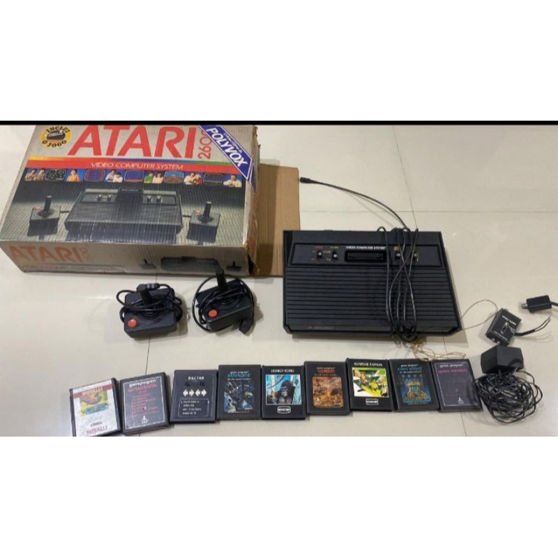 Atari 2600 Polyvox na caixa + 2 controles + 9 cartuchos