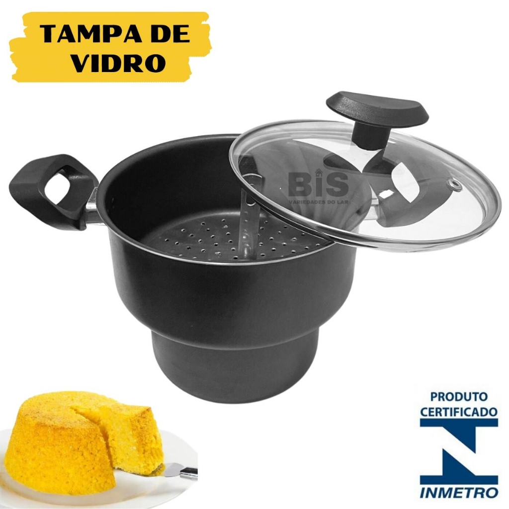 Cuscuzeira Antiaderente Com Tampa De Vidro Teflon Cuscuz Nordeste N16 Preto