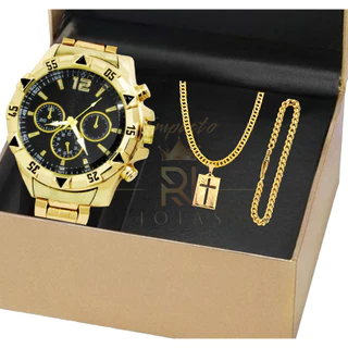 Relógio masculino Dourado C/ Corrente Masculina Pingente e Pulseira Aço inox