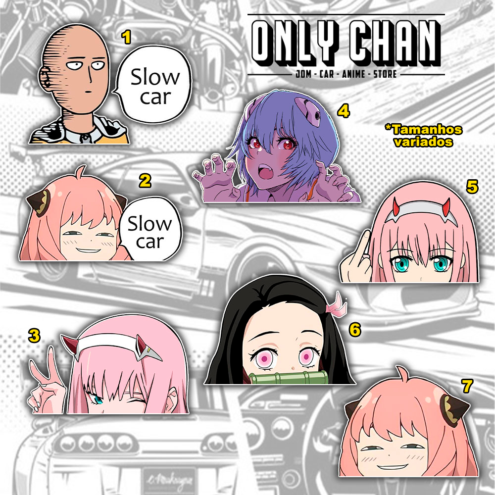 Adesivo Sticker Rostos Anime, Vários Personagens (Zero Two, Rei Evangelion, Nezuko e Saitama) Carro e JDM