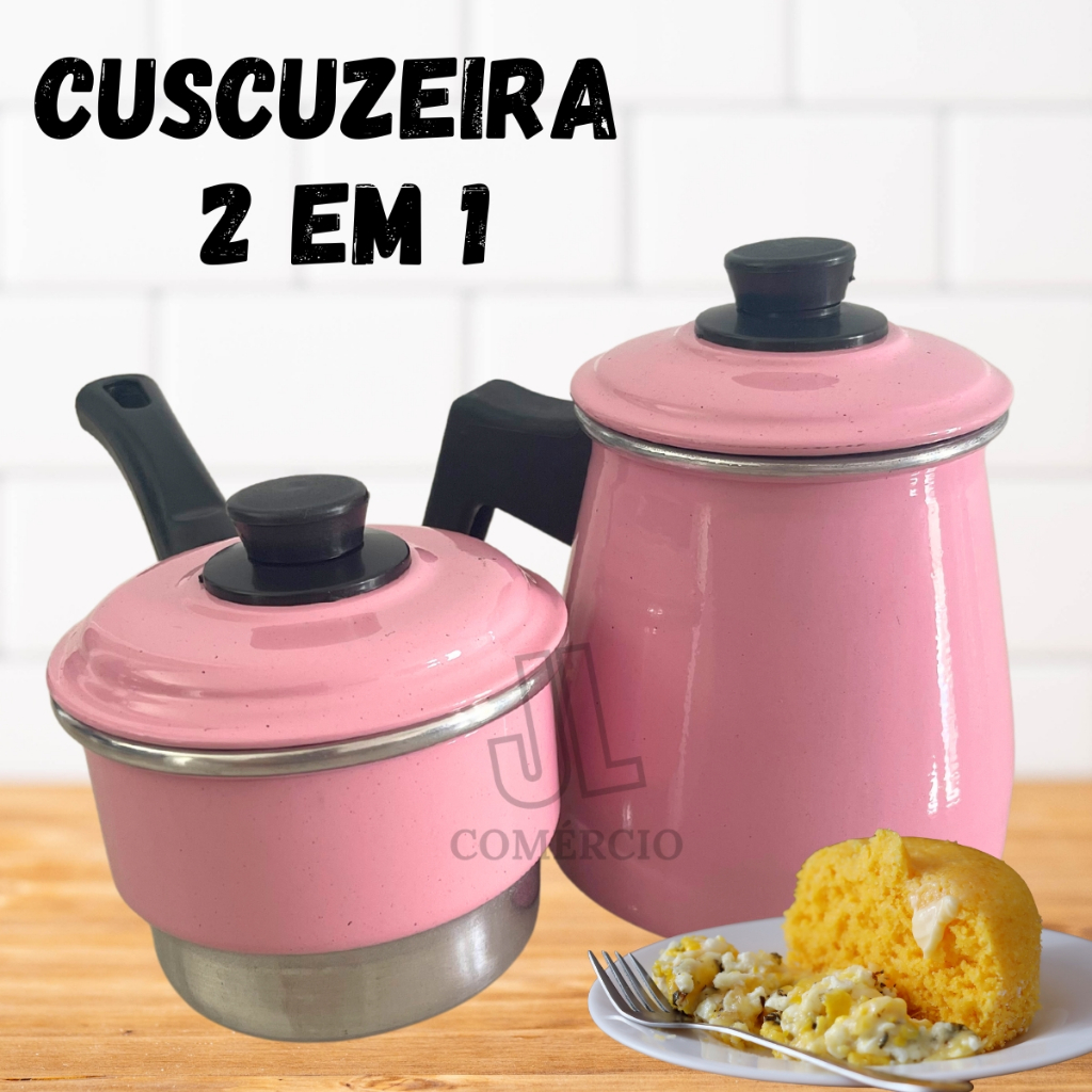 Mini Cuscuzeira Individual E Cozi Vapore Porção Única e Leiteira Prática Rosa