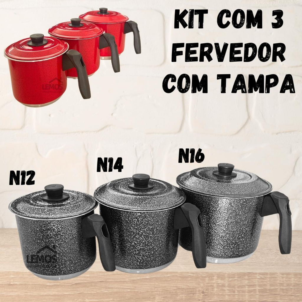 Jogo Com 3 Peças Fervedor Em Aluminio Com Tampa N12-14-16 Leiteira Caneco Preto Craqueado ou Vermelho