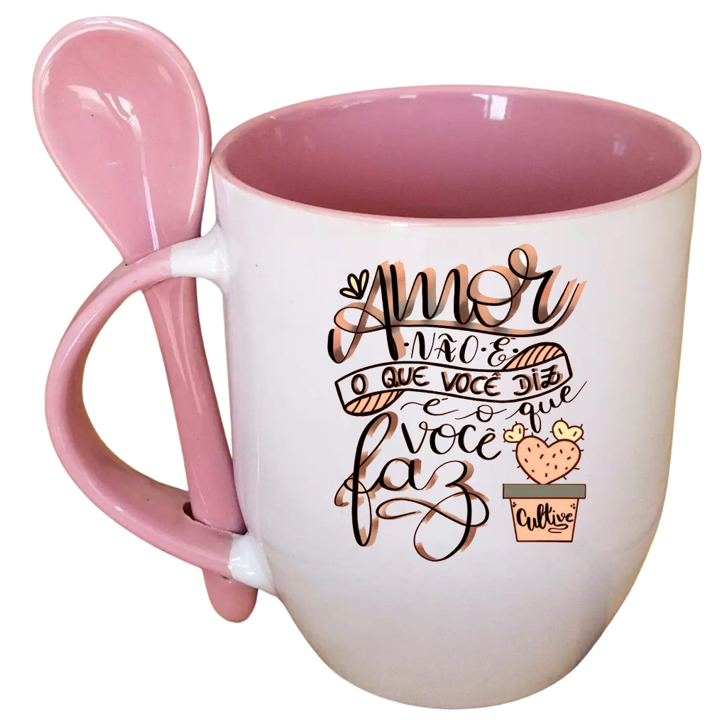 Caneca Personalizada Com Cabo Rosa e Colher Com Nome e Letra Frase Amor ...