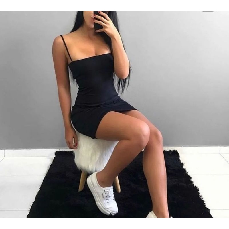 Vestido Verão Tubinho Alcinha Decote Reto com Bojo Em Suplex