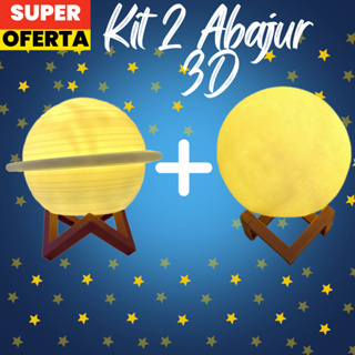 Kit 2 Luminárias 3D Planeta Saturno + Lua Cheia Luminárias Realista Decoração